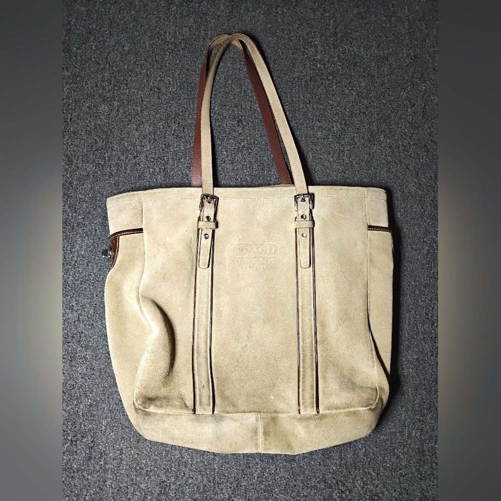 Coach Beige Suede Tote with Brown Trim